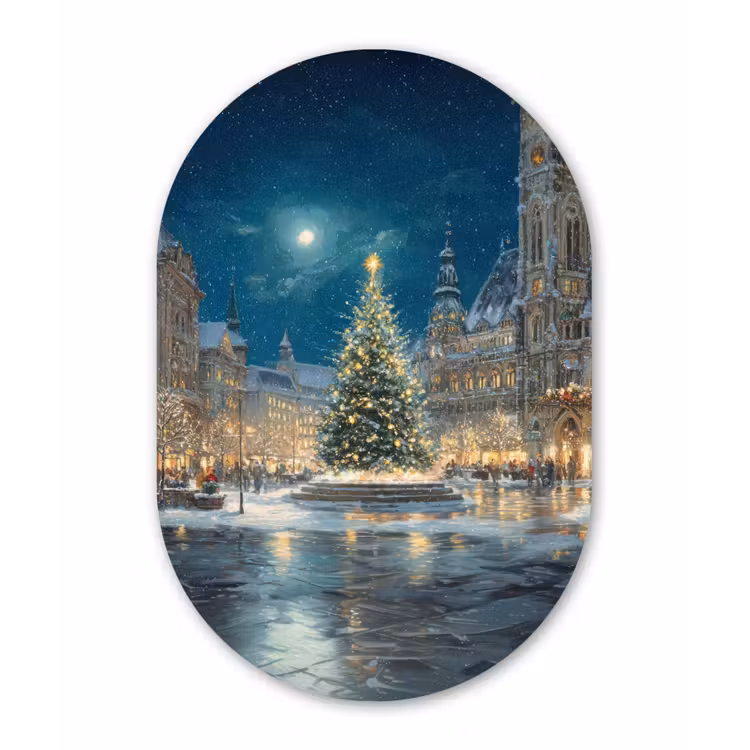 Kerstnacht - Stadsplein - Meerkleurig Wandcirkel Ovaal Forex klein -3d