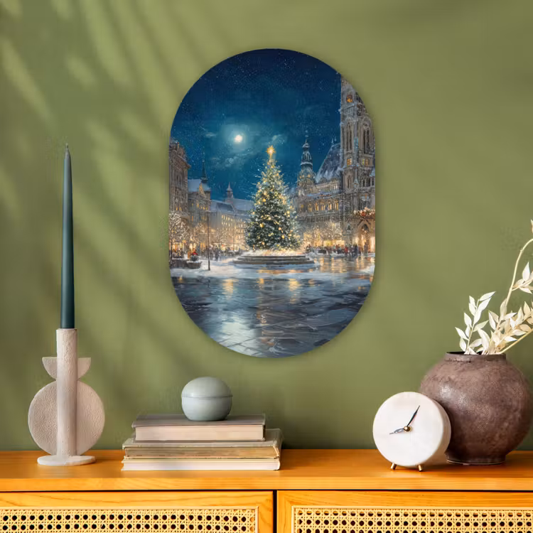 Kerstnacht - Stadsplein - Meerkleurig Wandcirkel Ovaal Forex klein -sfeer2