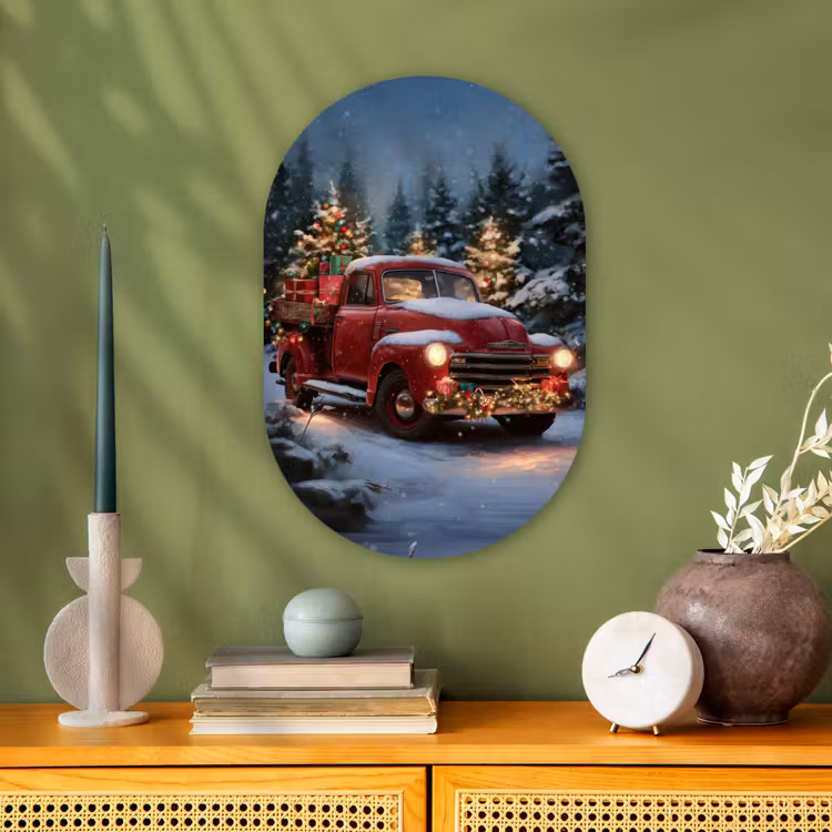 Kersttruck - Sneeuwbos - Rood Wandcirkel Ovaal Forex klein -sfeer2
