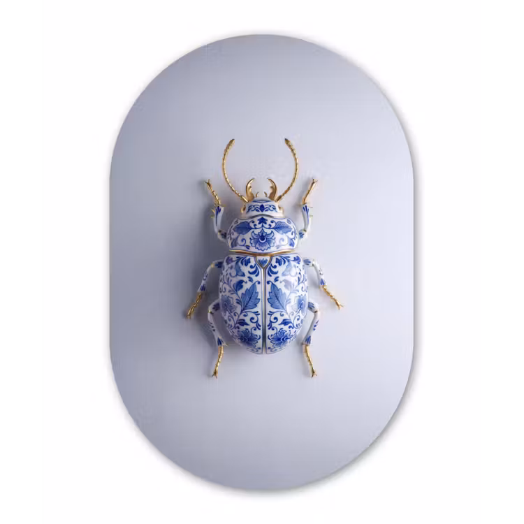 Kever - Delfts - Blauw - Goud Wandcirkel Ovaal Forex klein -3d