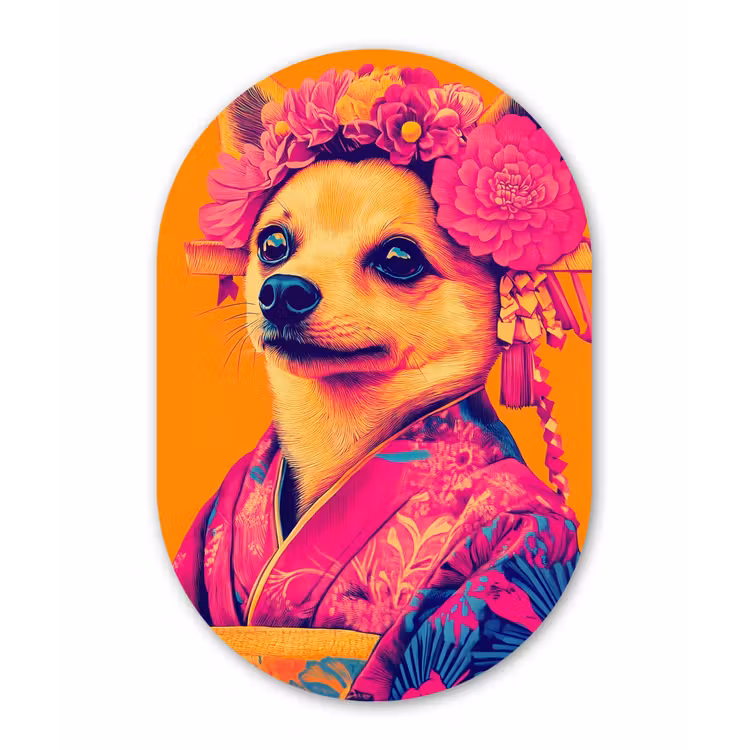 Kimono - Hondje - Bloemenkroon - Oranje Wandcirkel Ovaal Forex klein -3d