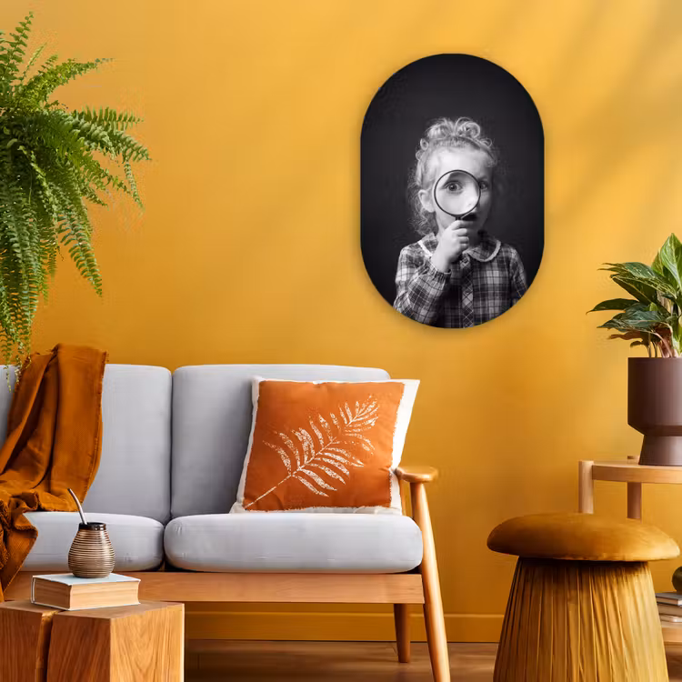 Kind - Vergrootglas - Portret - Zwart-wit Wandcirkel Ovaal Forex klein -sfeer4