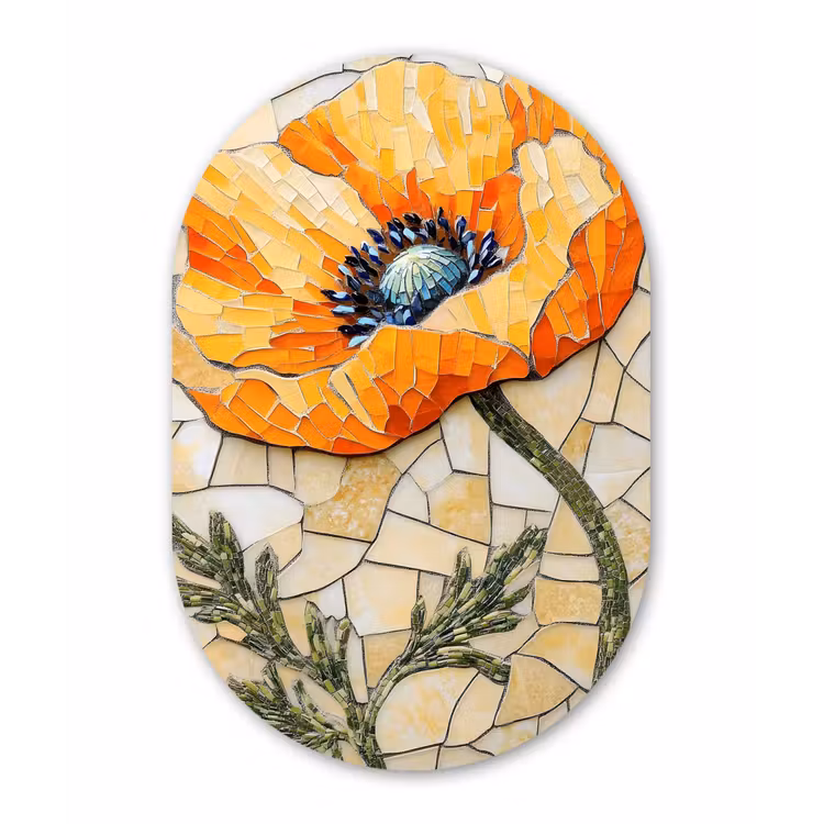 Klaprozen - Oranje - Mozaïek - Bladeren Wandcirkel Ovaal Forex klein -3d