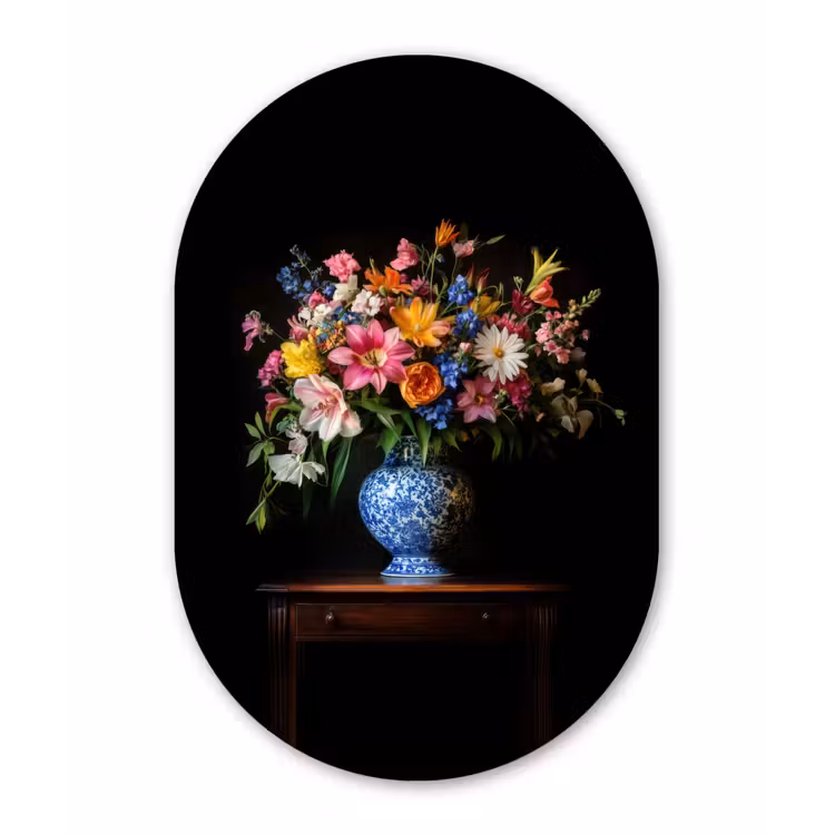 Kleur - Vaas - Bloemen - Boeket Wandcirkel Ovaal Forex klein -3d