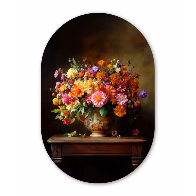 Kleuren - Boeket - Vaas - Hout Wandcirkel Ovaal Forex klein -3d