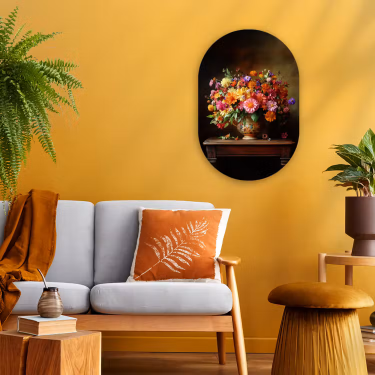 Kleuren - Boeket - Vaas - Hout Wandcirkel Ovaal Forex klein -sfeer4