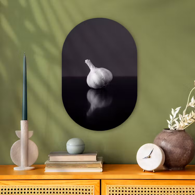 Knoflook - Zwart - Wit Wandcirkel Ovaal Forex klein -sfeer2