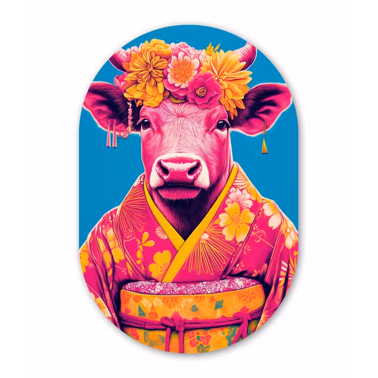 Koe - Bloemenkrans - Oorhangers - Kimono Wandcirkel Ovaal Forex klein -3d