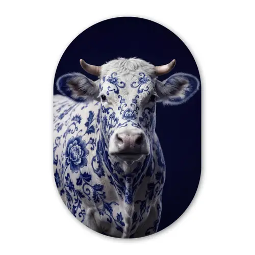 Koe - Delfts - Blauw - Artistiek Wandcirkel Ovaal Forex klein -3d