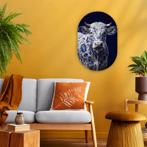 Koe - Delfts - Blauw - Artistiek Wandcirkel Ovaal Forex klein -sfeer4