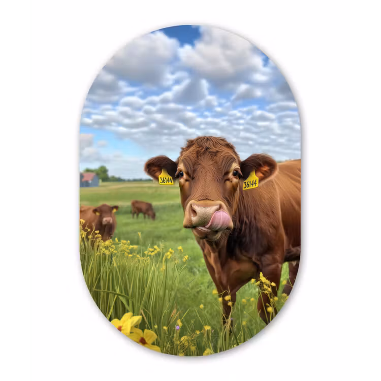 Koe - Weide - Bloemen Wandcirkel Ovaal Forex klein -3d