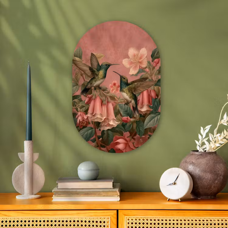 Kolibries - Bloemen - Groen - Roze Wandcirkel Ovaal Forex klein -sfeer2