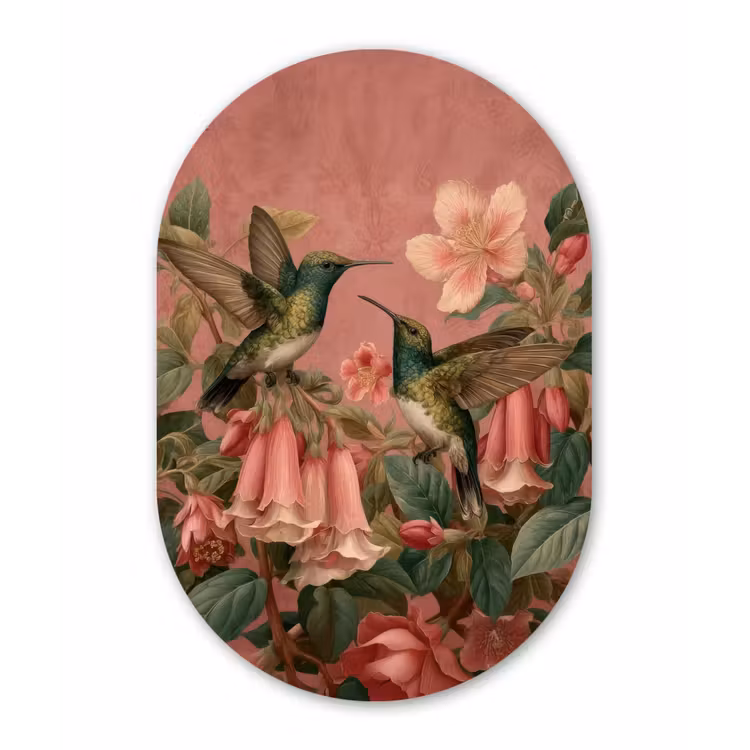 Kolibries - Bloemen - Groen - Roze Wandcirkel Ovaal Forex klein -3d