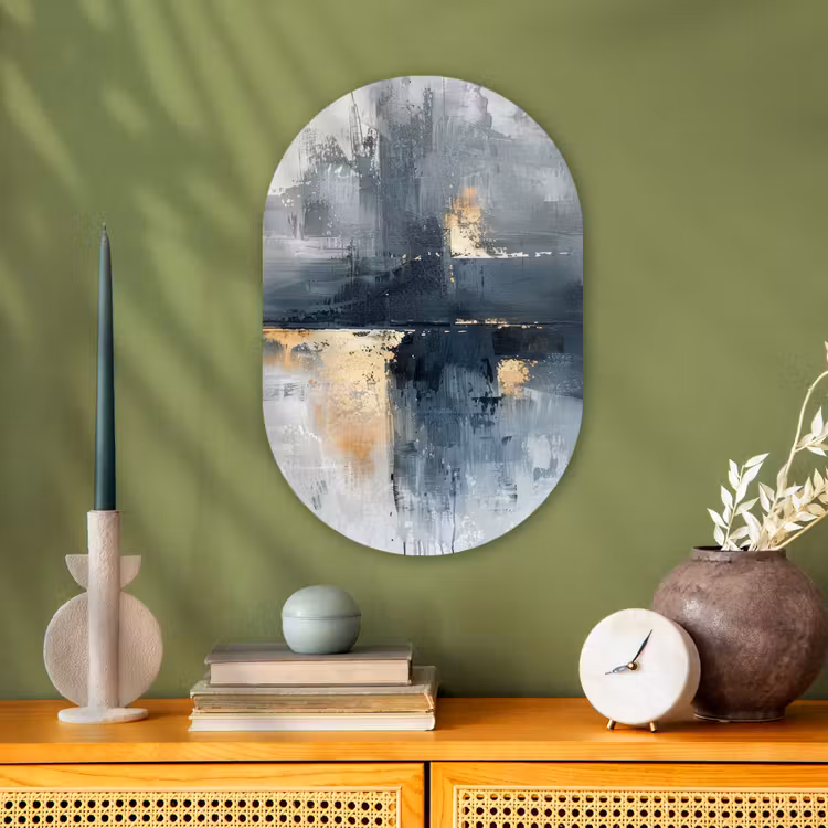 Kunst - Grijs - Goud - Abstract Wandcirkel Ovaal Forex klein -sfeer2