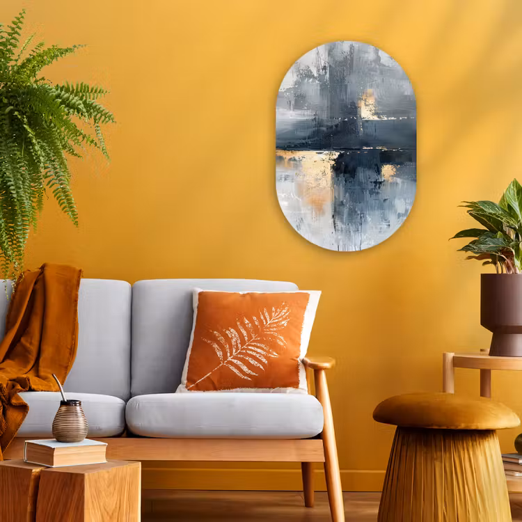 Kunst - Grijs - Goud - Abstract Wandcirkel Ovaal Forex klein -sfeer4