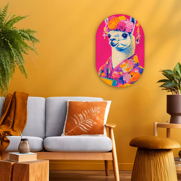 Lama - Kimono - Bloemenkrans - Felroze Wandcirkel Ovaal Forex klein -sfeer4