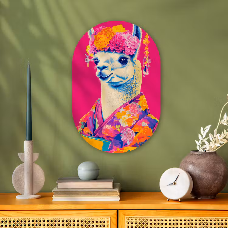 Lama - Kimono - Bloemenkrans - Felroze Wandcirkel Ovaal Forex klein -sfeer2