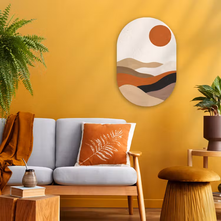 Landschap - Heuvels - Zon - Abstract - Oranje Wandcirkel Ovaal Forex klein -sfeer4