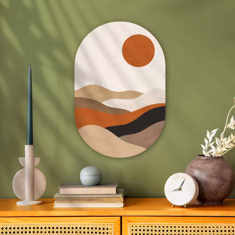 Landschap - Heuvels - Zon - Abstract - Oranje Wandcirkel Ovaal Forex klein -sfeer2