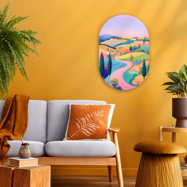 Landschap - Paars - Pastel - Huizen Wandcirkel Ovaal Forex klein -sfeer4