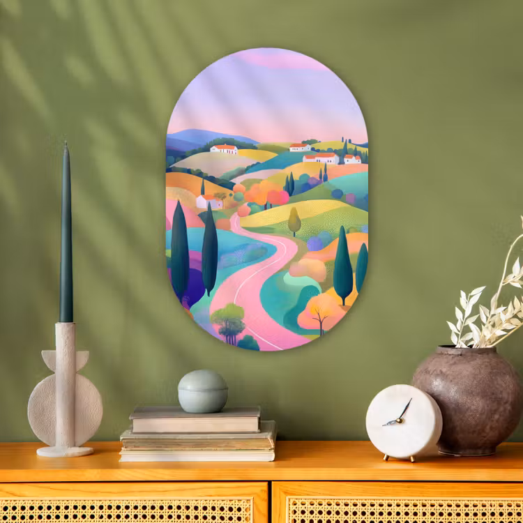 Landschap - Paars - Pastel - Huizen Wandcirkel Ovaal Forex klein -sfeer2