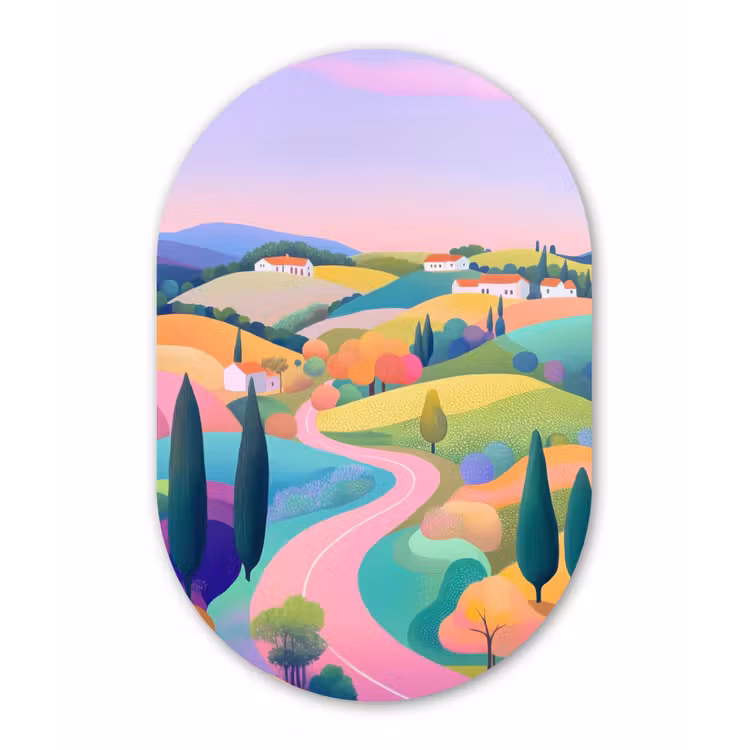 Landschap - Paars - Pastel - Huizen Wandcirkel Ovaal Forex klein -3d