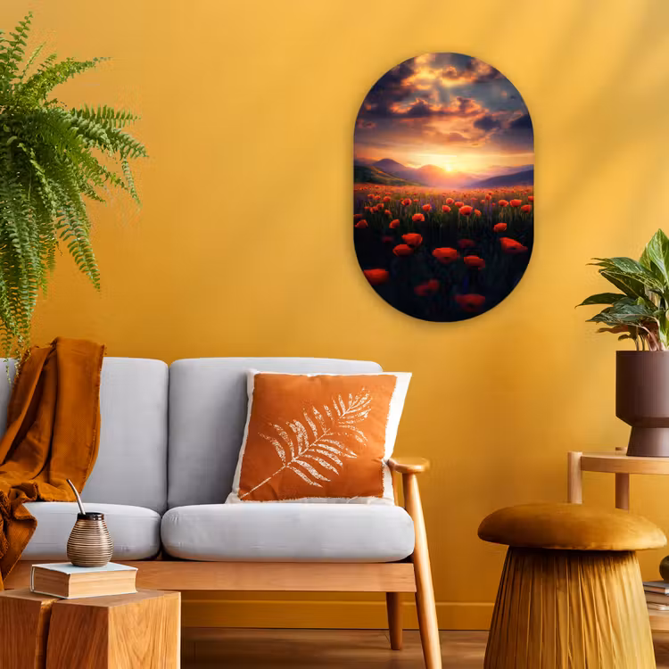 Landschap - Zonsondergang - Bloemenveld Wandcirkel Ovaal Forex klein -sfeer4