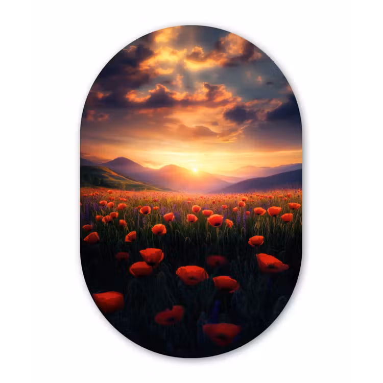 Landschap - Zonsondergang - Bloemenveld Wandcirkel Ovaal Forex klein -3d