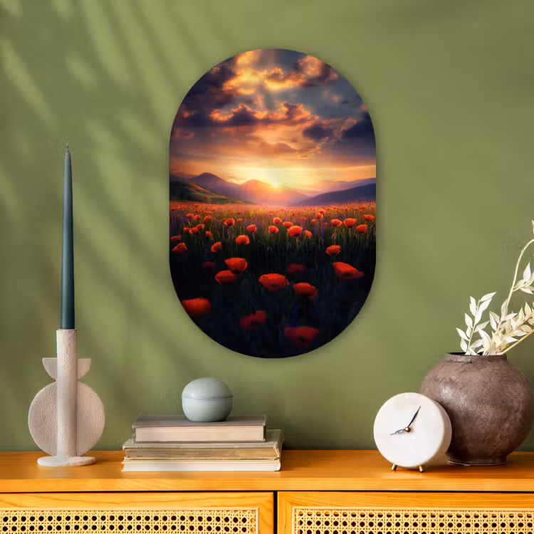 Landschap - Zonsondergang - Bloemenveld Wandcirkel Ovaal Forex klein -sfeer2