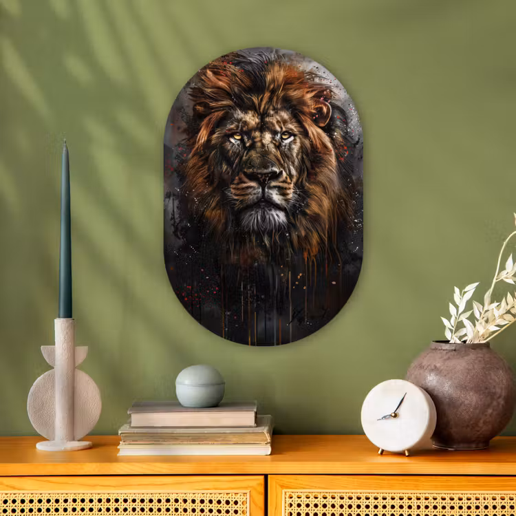 Leeuw - Dieren - Portret - Zwart - Luxe Wandcirkel Ovaal Forex klein -sfeer2