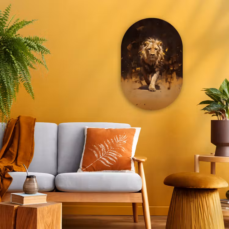 Leeuw - Geschilderd - Abstract - Goud Wandcirkel Ovaal Forex klein -sfeer4