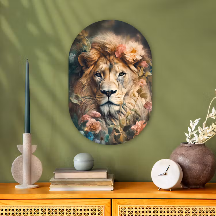 Leeuw - Leeuwenkop - Wilde dieren - Bloemen Wandcirkel Ovaal Forex klein -sfeer2