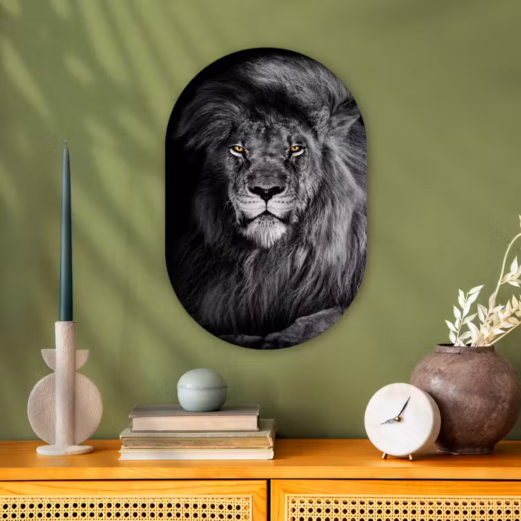 Leeuw - Ogen - Oranje - Zwart wit - Dieren - Portret Wandcirkel Ovaal Forex klein -sfeer2