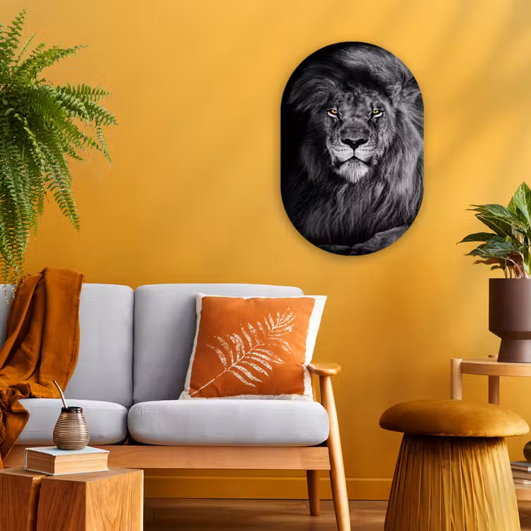 Leeuw - Ogen - Oranje - Zwart wit - Dieren - Portret Wandcirkel Ovaal Forex klein -sfeer4