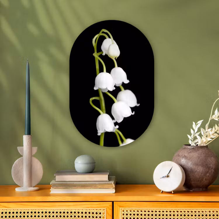 Lelietjes van dalen - Bloemen - Zwart - Flora Wandcirkel Ovaal Forex klein -sfeer2