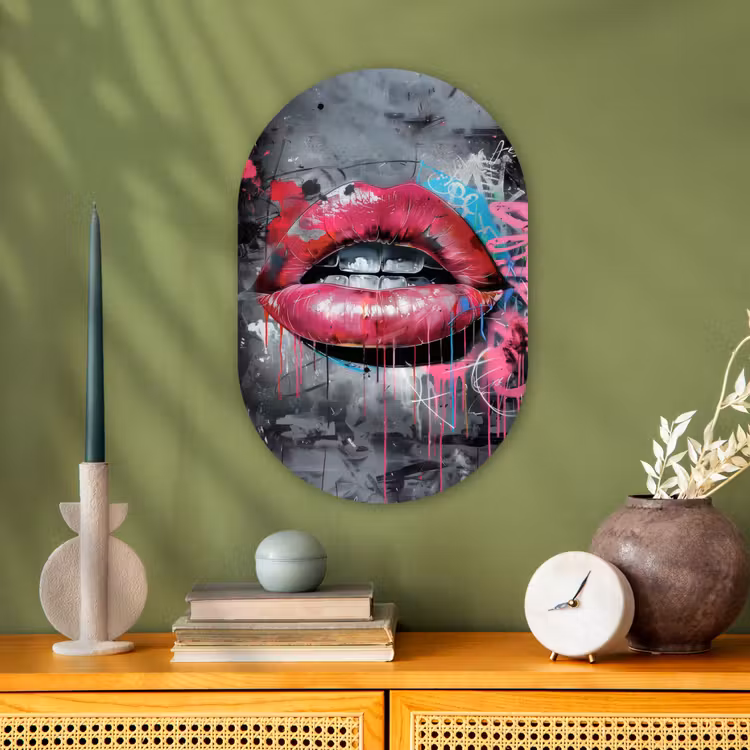 Lippen - Felroze - Graffiti - Verfstrepen Wandcirkel Ovaal Forex klein -sfeer2