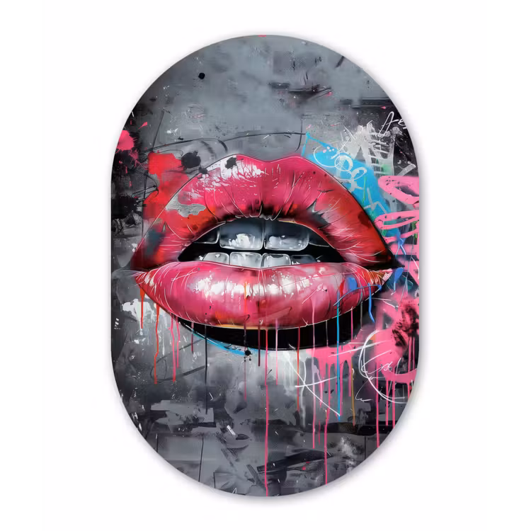 Lippen - Felroze - Graffiti - Verfstrepen Wandcirkel Ovaal Forex klein -3d