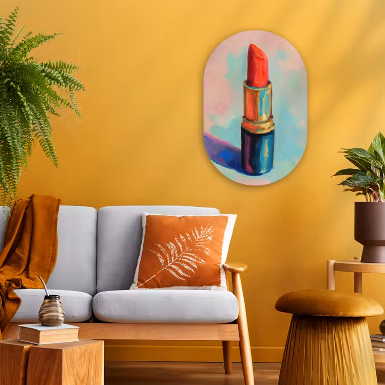 Lippenstift - Rood - Penseelstreken Wandcirkel Ovaal Forex klein -sfeer4
