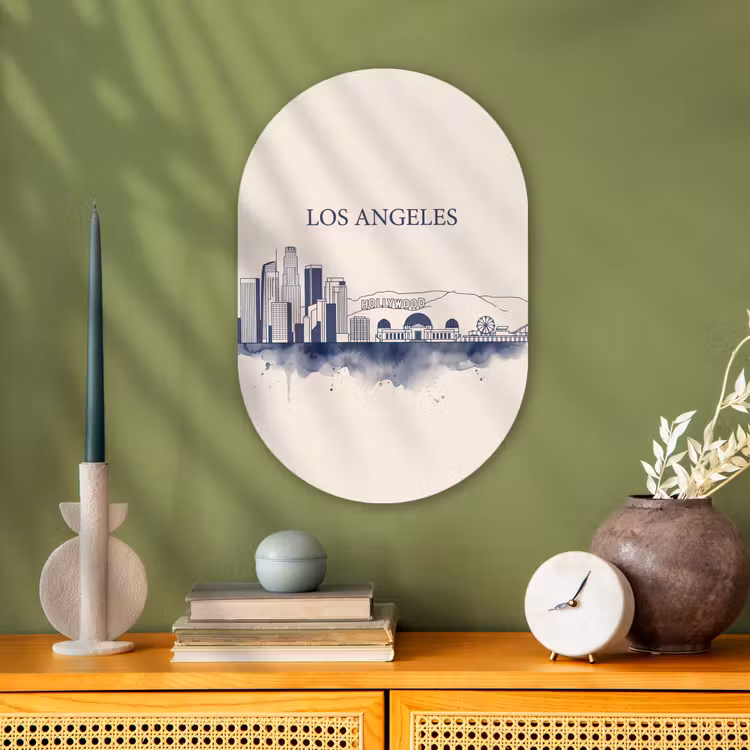 Los Angeles - Skyline - Architectuur - Aquarel - Blauw Wandcirkel Ovaal Forex klein -sfeer2