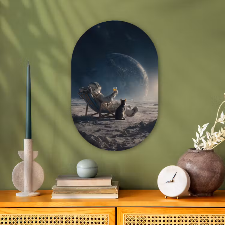 Maan - Kat - Astronaut - Ruimte Wandcirkel Ovaal Forex klein -sfeer2