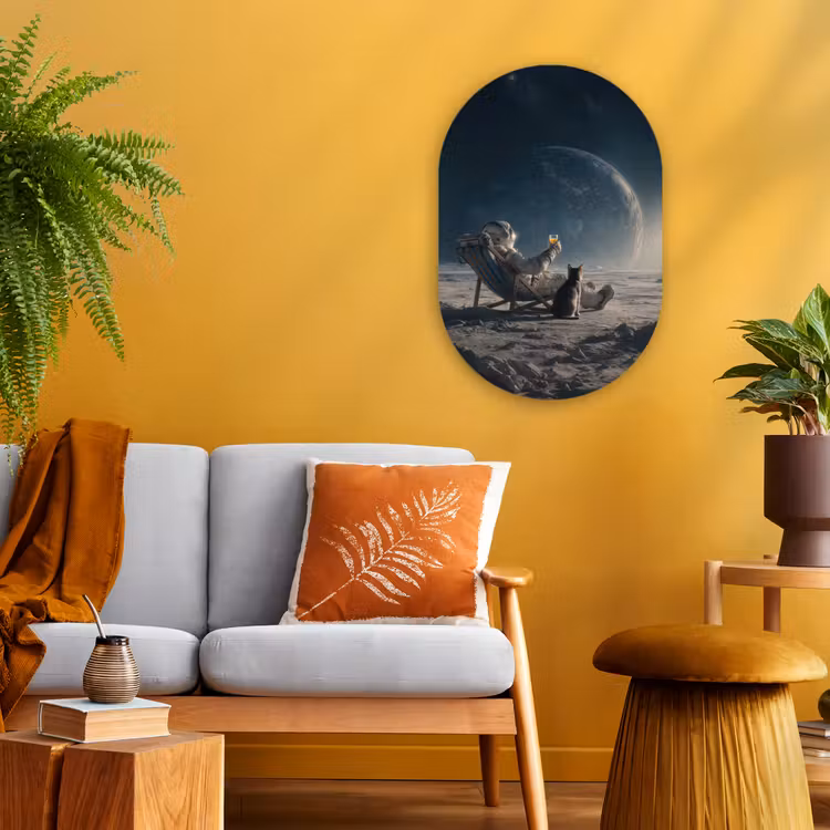 Maan - Kat - Astronaut - Ruimte Wandcirkel Ovaal Forex klein -sfeer4