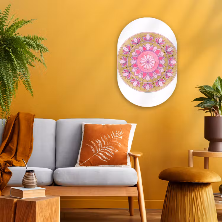 Mandala - Patroon - Kunst - Aquarel - Roze Wandcirkel Ovaal Forex klein -sfeer4