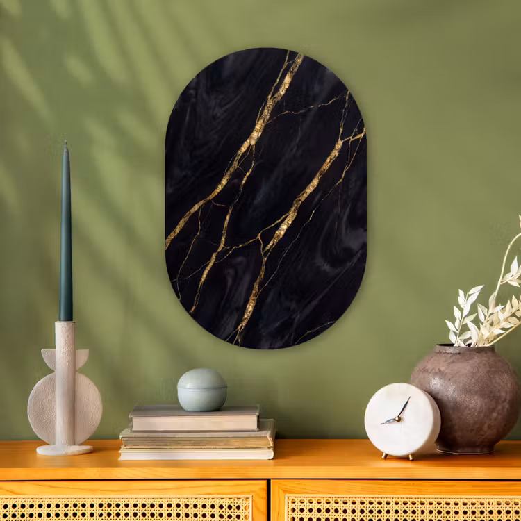 Marmer - Gouden aders - Abstract - Zwart Wandcirkel Ovaal Forex klein -sfeer2