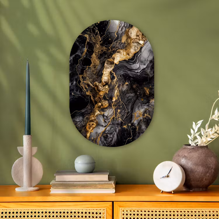 Marmer - Zwart - Goud - Abstract Wandcirkel Ovaal Forex klein -sfeer2