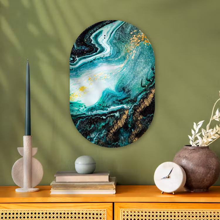 Marmerlook - Blauw - Goud - Glitter - Luxe - Marmer Wandcirkel Ovaal Forex klein -sfeer2