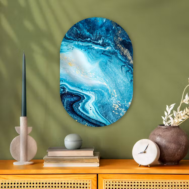 Marmerlook - Blauw - Goud - Luxe - Glitter - Marmer Wandcirkel Ovaal Forex klein -sfeer2