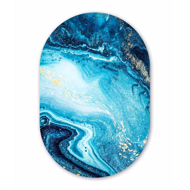 Marmerlook - Blauw - Goud - Luxe - Glitter - Marmer Wandcirkel Ovaal Forex klein -3d