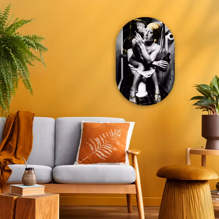 Marmerlook - Meisje met de parel - Sigaretten - Toilet - Goud - Kunst - Oude meesters Wandcirkel Ovaal Forex klein -sfeer4