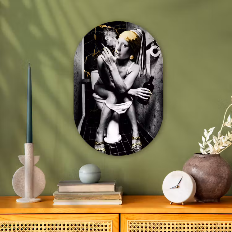 Marmerlook - Meisje met de parel - Sigaretten - Toilet - Goud - Kunst - Oude meesters Wandcirkel Ovaal Forex klein -sfeer2