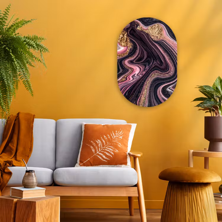 Marmerlook - Roze - Paars - Goud - Luxe - Marmer Wandcirkel Ovaal Forex klein -sfeer4